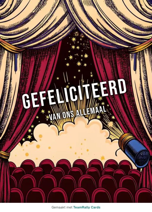 Kaart voor collega’s: Felicitatie – ontwerp Knallende kurk, ondertekend met “van ons allemaal”