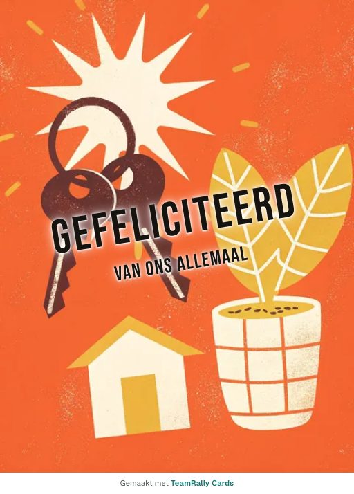 Kaart voor collega’s: Felicitatie – ontwerp Nieuwe sleutels, ondertekend met “van ons allemaal”