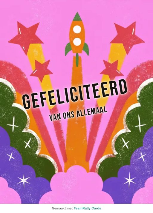 Kaart voor collega’s: Felicitatie – ontwerp Opstijgen, ondertekend met “van ons allemaal”