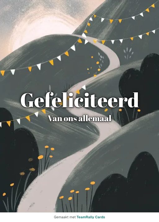 Kaart voor collega’s: Felicitatie – ontwerp Mijlpaal, ondertekend met “van ons allemaal”