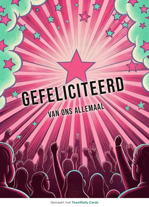 Kaart voor collega’s: Felicitatie – ontwerp Sterrenregen, ondertekend met “van ons allemaal”