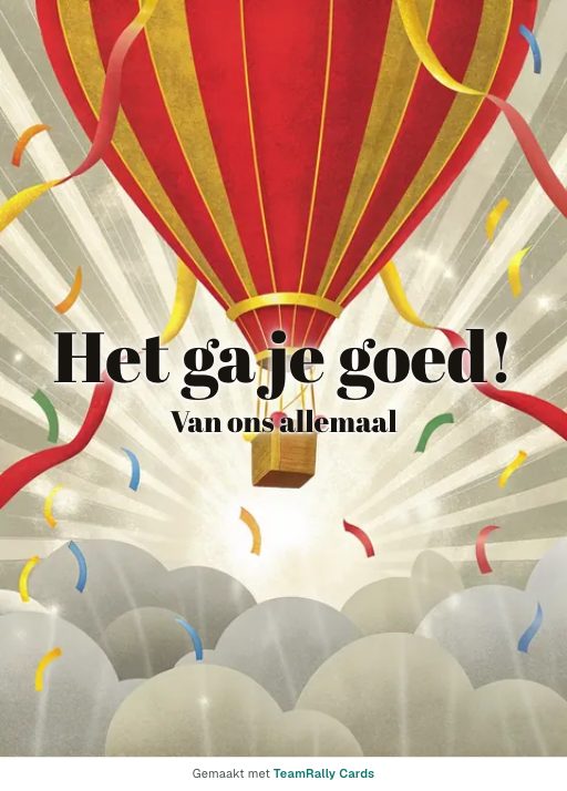 Kaart voor collega’s: Afscheid – ontwerp Luchtballon, ondertekend met “van ons allemaal”
