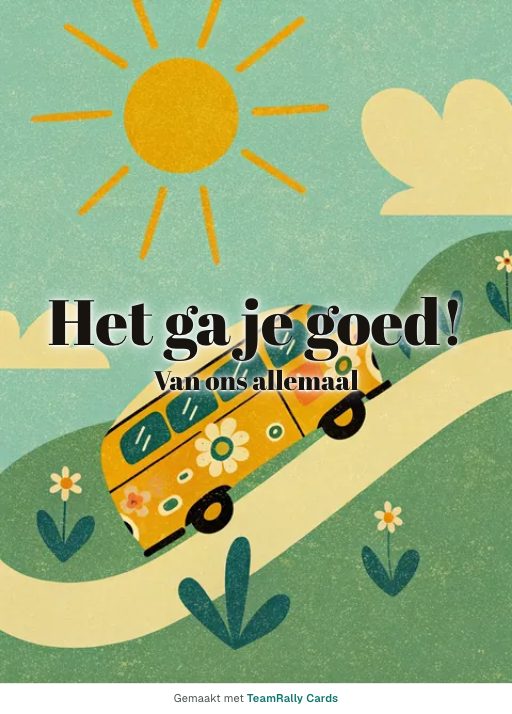 Kaart voor collega’s: Afscheid – ontwerp Campervan, ondertekend met “van ons allemaal”