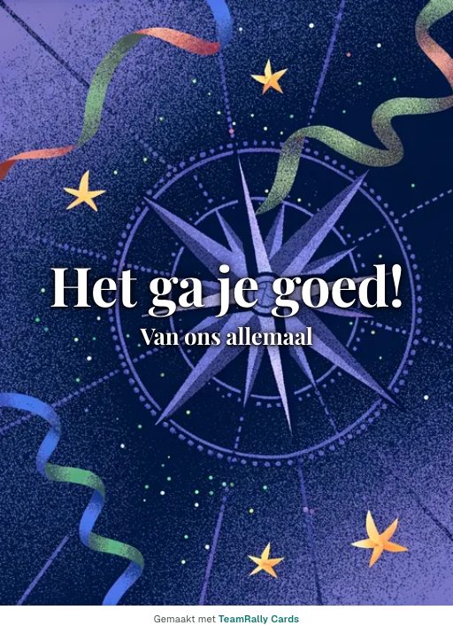 Kaart voor collega’s: Afscheid – ontwerp Kompasroos, ondertekend met “van ons allemaal”