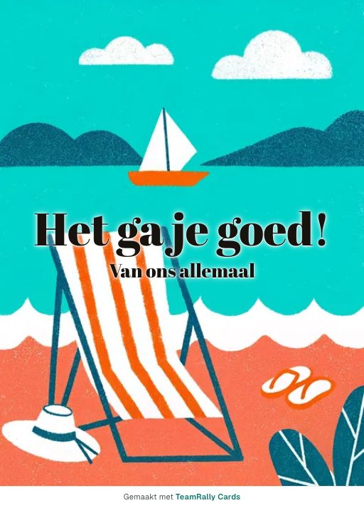 Kaart voor collega’s: Afscheid – ontwerp Strandstoel, ondertekend met “van ons allemaal”