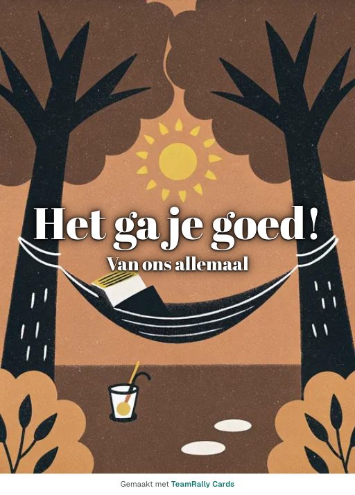 Kaart voor collega’s: Afscheid – ontwerp Hangmat, ondertekend met “van ons allemaal”