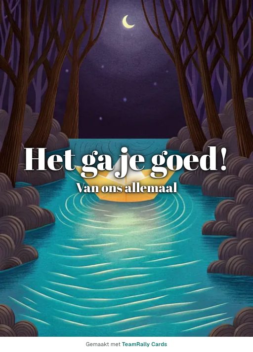Kaart voor collega’s: Afscheid – ontwerp Papieren bootje, ondertekend met “van ons allemaal”