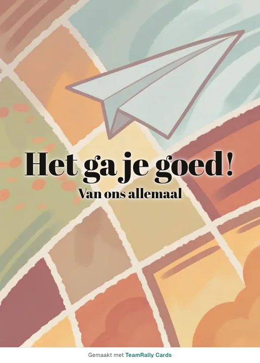 Kaart voor collega’s: Afscheid – ontwerp Papieren vliegtuigje, ondertekend met “van ons allemaal”