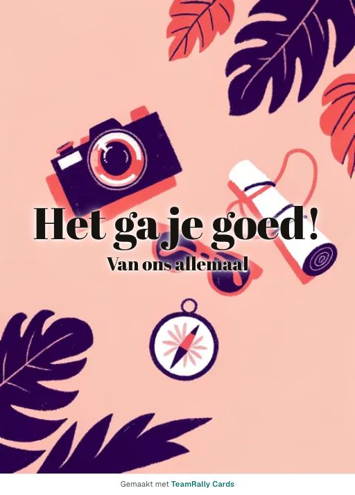 Kaart voor collega’s: Afscheid – ontwerp Reisspullen, ondertekend met “van ons allemaal”