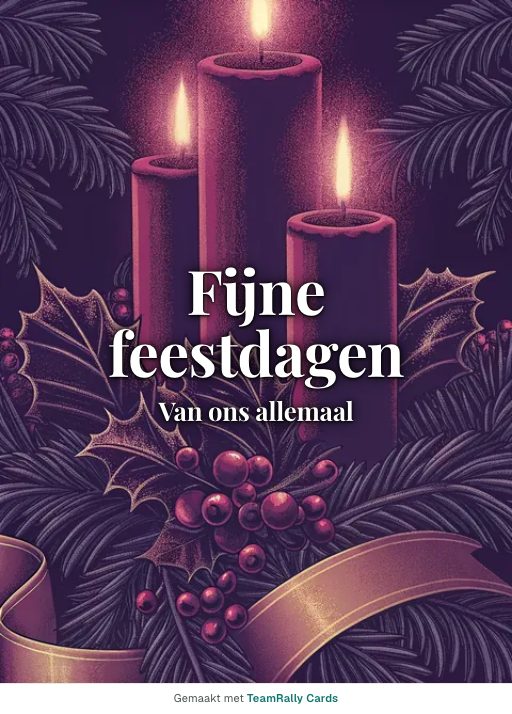 Kaart voor collega’s: Feestdagen – ontwerp Dennengroen en kaarsen, ondertekend met “van ons allemaal”