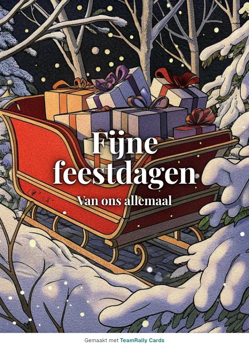 Kaart voor collega’s: Feestdagen – ontwerp De arrenslee, ondertekend met “van ons allemaal”