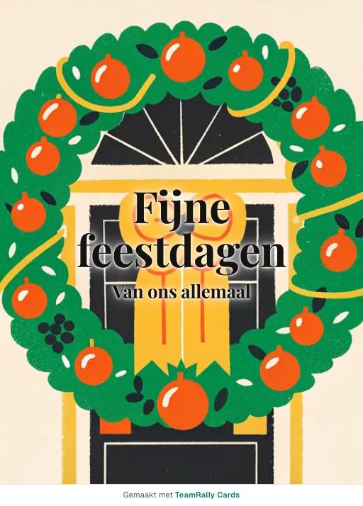 Kaart voor collega’s: Feestdagen – ontwerp Krans, ondertekend met “van ons allemaal”