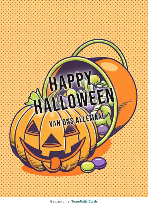 Kaart voor collega’s: Halloween – ontwerp Snoepbuit, ondertekend met “van ons allemaal”
