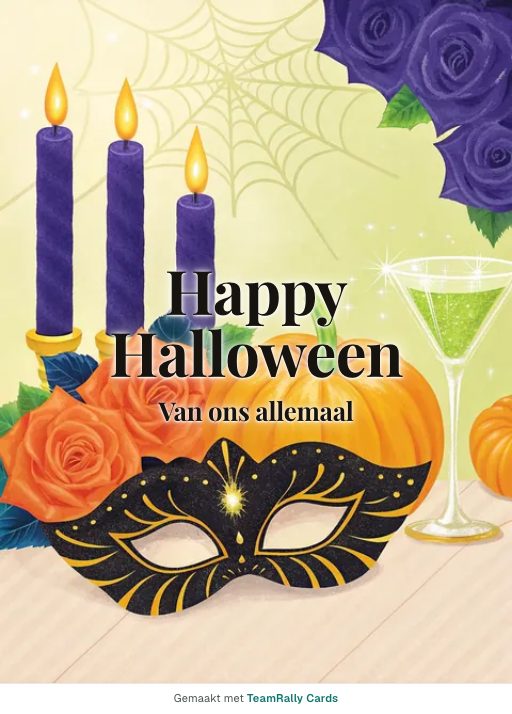 Kaart voor collega’s: Halloween – ontwerp Gemaskerd bal, ondertekend met “van ons allemaal”