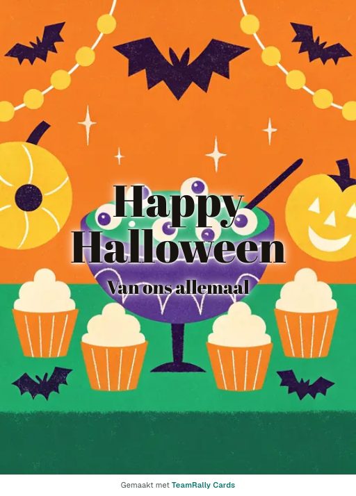 Kaart voor collega’s: Halloween – ontwerp Feestbowl, ondertekend met “van ons allemaal”
