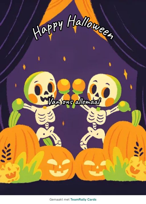 Kaart voor collega’s: Halloween – ontwerp Skelettendans, ondertekend met “van ons allemaal”