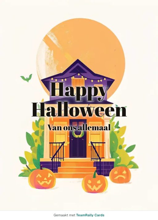 Kaart voor collega’s: Halloween – ontwerp Trick or treat, ondertekend met “van ons allemaal”