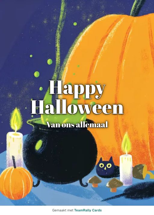 Kaart voor collega’s: Halloween – ontwerp Heksenketel, ondertekend met “van ons allemaal”