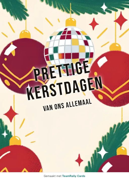 Kaart voor collega’s: Kerst – ontwerp Discokerst, ondertekend met “van ons allemaal”