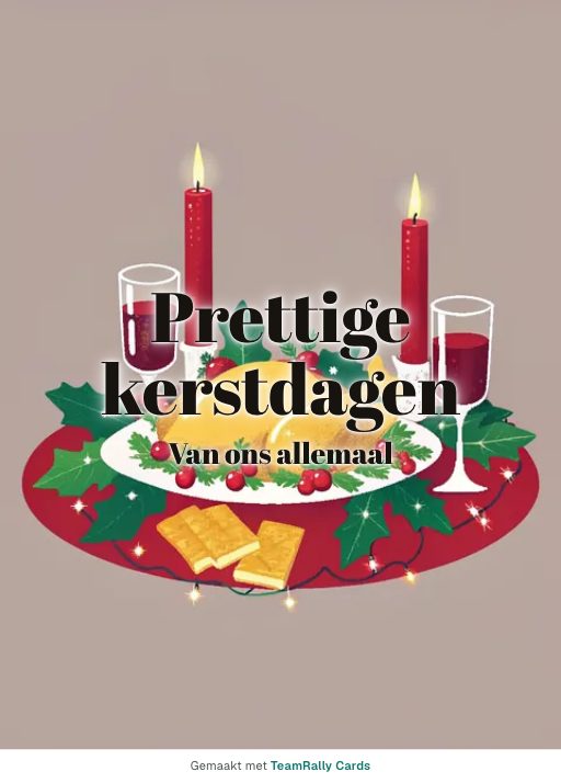 Kaart voor collega’s: Kerst – ontwerp Kerstdiner, ondertekend met “van ons allemaal”