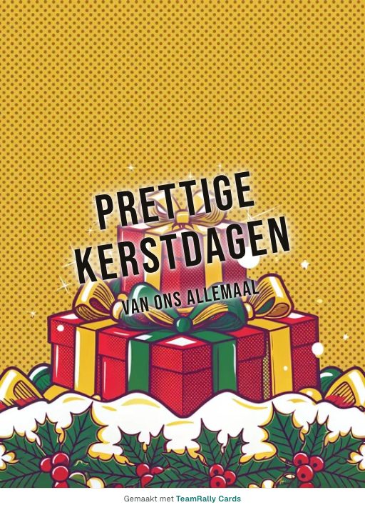 Kaart voor collega’s: Kerst – ontwerp Stapel cadeaus, ondertekend met “van ons allemaal”