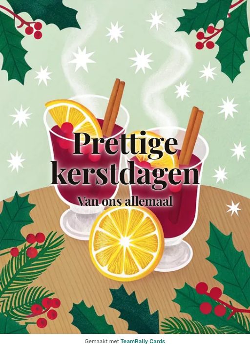 Kaart voor collega’s: Kerst – ontwerp Glühwein, ondertekend met “van ons allemaal”