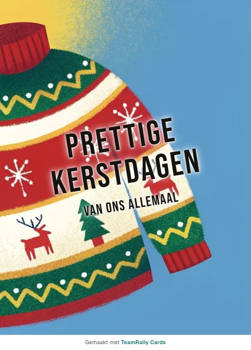Kaart voor collega’s: Kerst – ontwerp Foute kersttrui, ondertekend met “van ons allemaal”