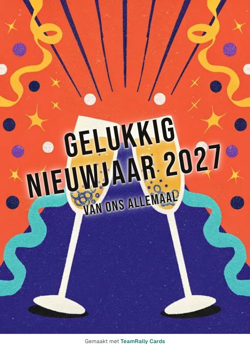Kaart voor collega’s: Nieuwjaar – ontwerp Proost, ondertekend met “van ons allemaal”