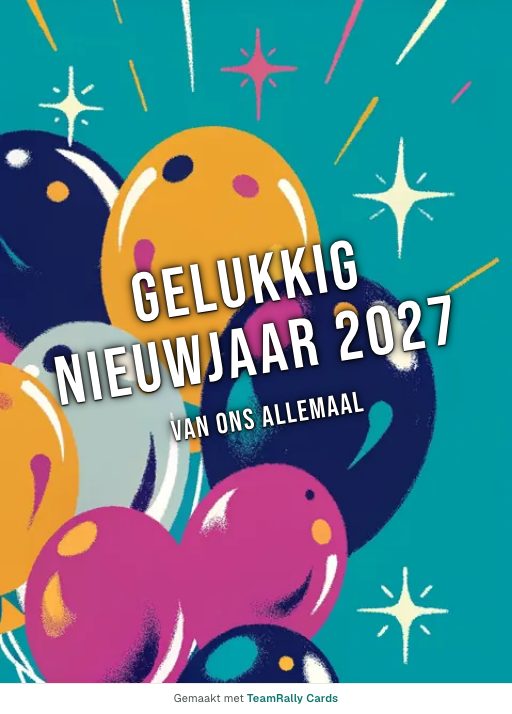 Kaart voor collega’s: Nieuwjaar – ontwerp Ballonnen en glitter, ondertekend met “van ons allemaal”