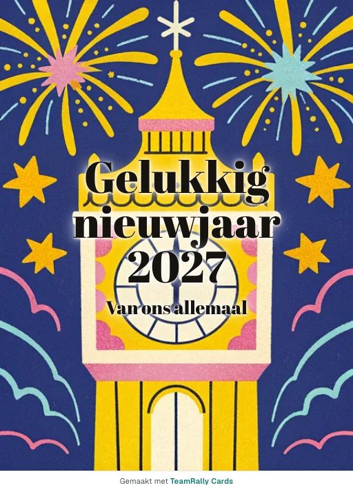 Kaart voor collega’s: Nieuwjaar – ontwerp Middernacht, ondertekend met “van ons allemaal”