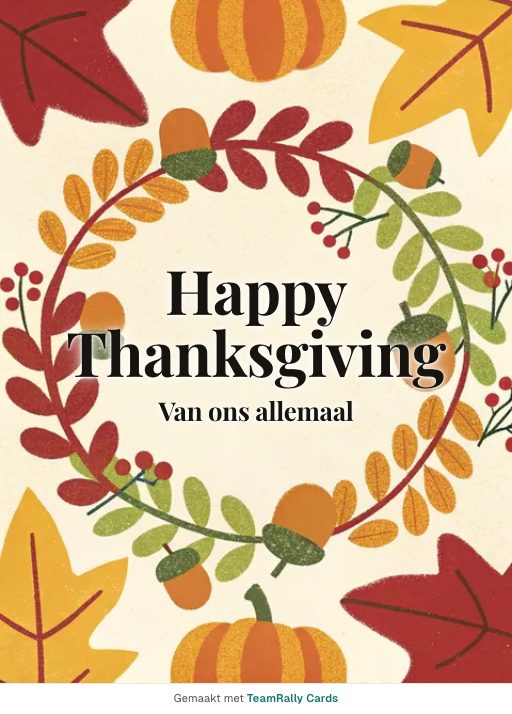 Kaart voor collega’s: Thanksgiving – ontwerp Esdoornkrans, ondertekend met “van ons allemaal”