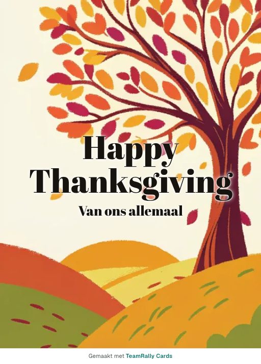 Kaart voor collega’s: Thanksgiving – ontwerp Dankbare boom, ondertekend met “van ons allemaal”