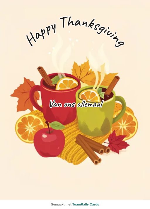 Kaart voor collega’s: Thanksgiving – ontwerp Warme cider, ondertekend met “van ons allemaal”