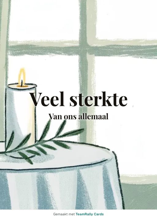 Kaart voor collega’s: Condoleance – ontwerp Kaars, ondertekend met “van ons allemaal”