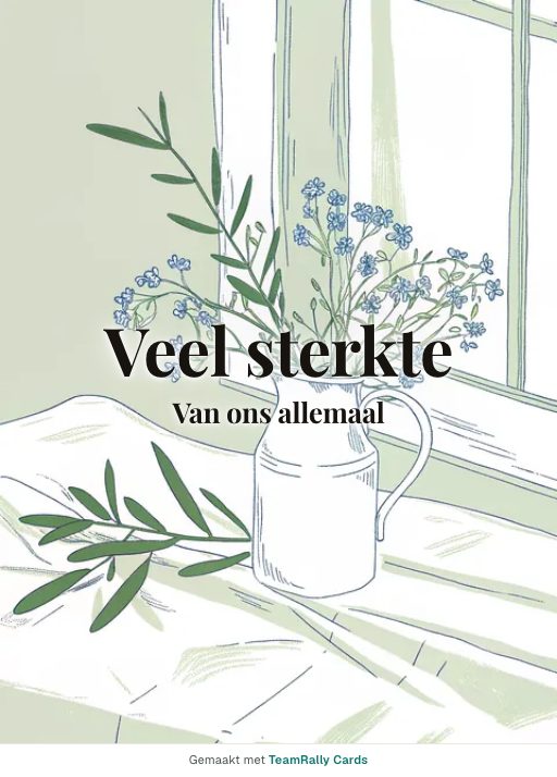 Kaart voor collega’s: Condoleance – ontwerp Vergeet-mij-nietjes, ondertekend met “van ons allemaal”