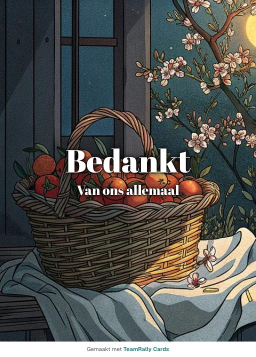 Kaart voor collega’s: Bedankt – ontwerp Fruitmand, ondertekend met “van ons allemaal”