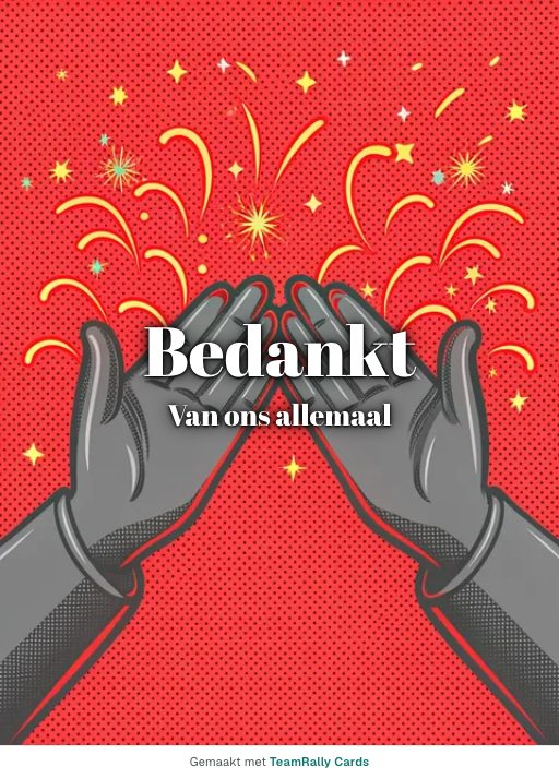 Kaart voor collega’s: Bedankt – ontwerp Staande ovatie, ondertekend met “van ons allemaal”