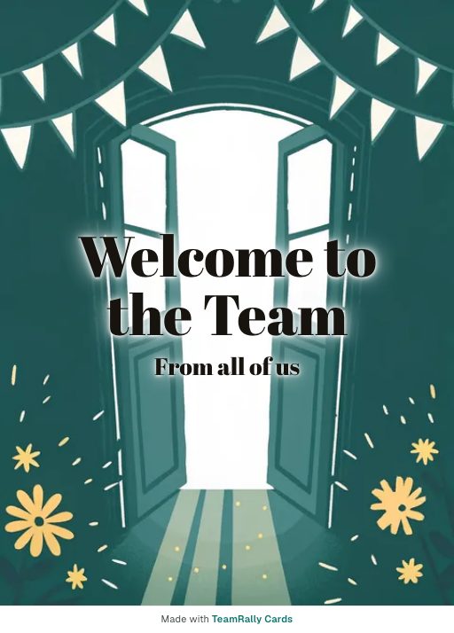 Welcome card for coworkers — Open Door design, signed “from all of us”